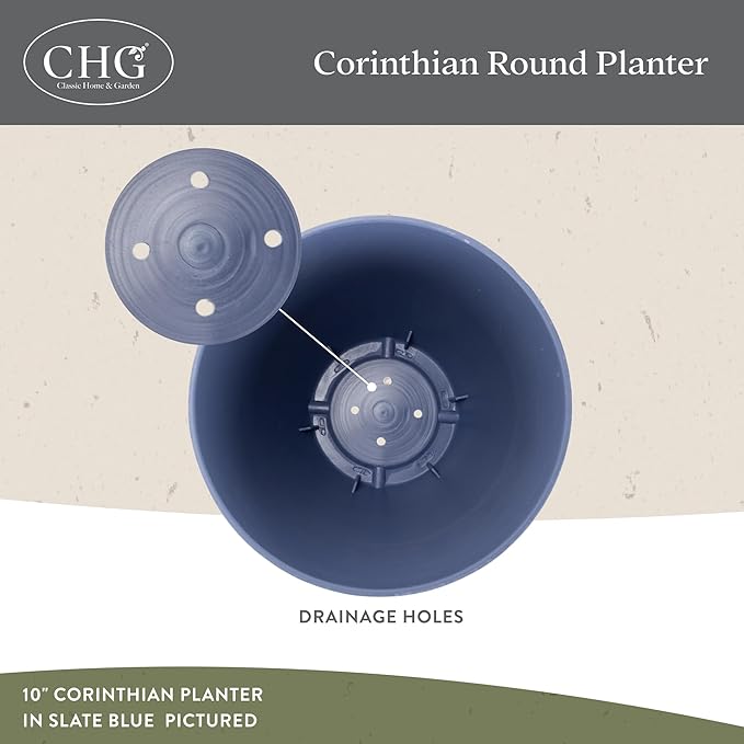 Classic Home and Garden Corinthian Round Resin Flower Planter Pot, Storm Gray 8" - Image 3