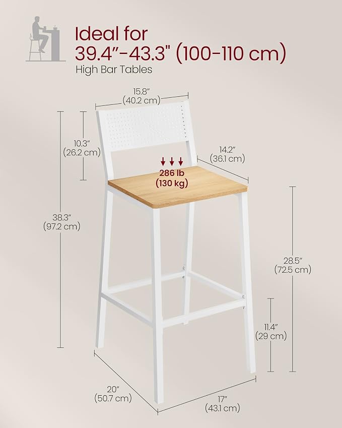 VASAGLE Bar Stool Set of 2, Bar Chairs - Image 3