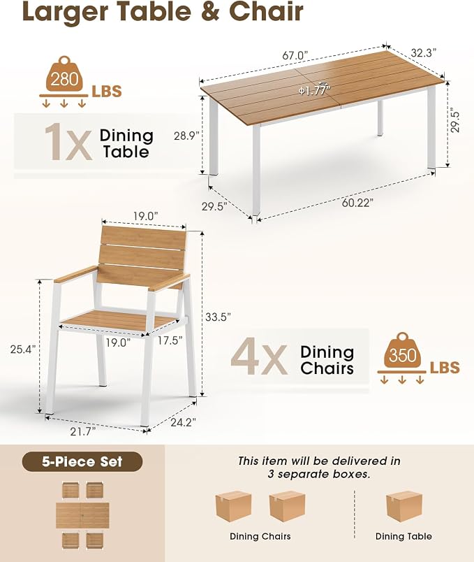 Outdoor Patio Dining Set, Aluminum & HDPS 5 Piece Outdoor Table and Chairs Set - Image 6
