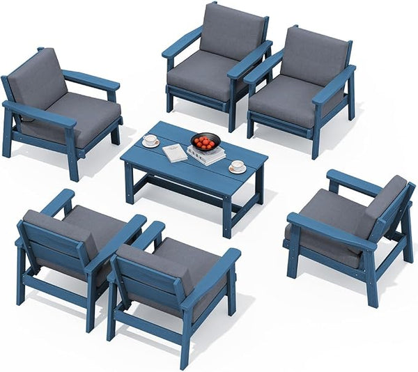 SERWALL HDPE Outdoor Furniture Set, 7 Piece All Weather Wood-Like Outdoor Sofa by SERWALL