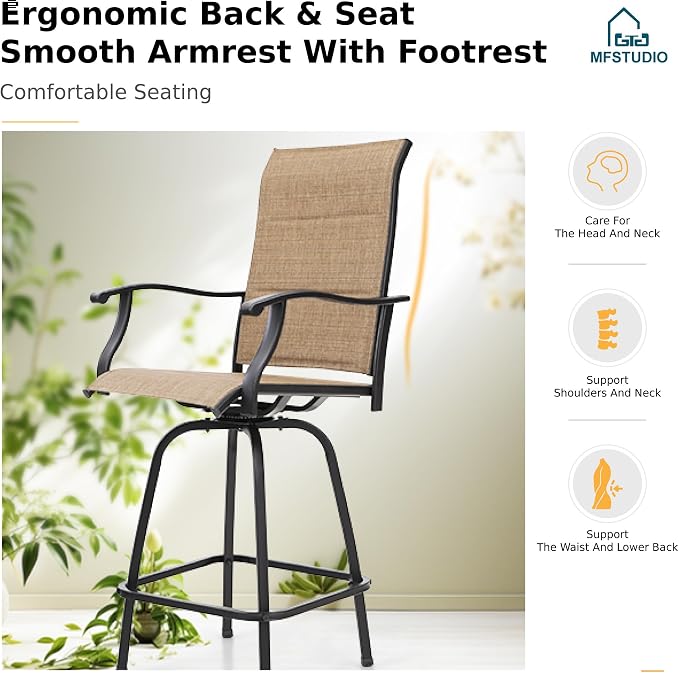 MFSTUDIO Outdoor Bar Stools Set of 4, Swivel Bar Height Patio Chairs Outdoor - Image 5