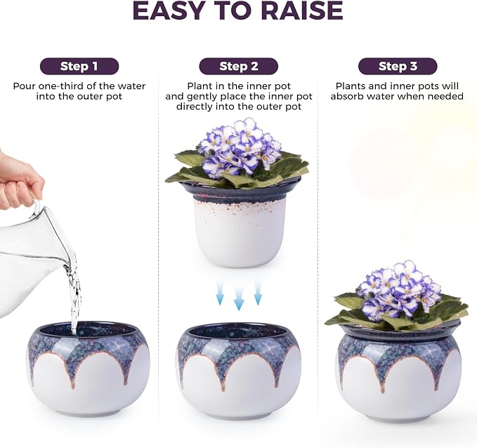 African Violet Pots, 6 inch Ceramic Easy Self Watering Plant Pot - Image 5