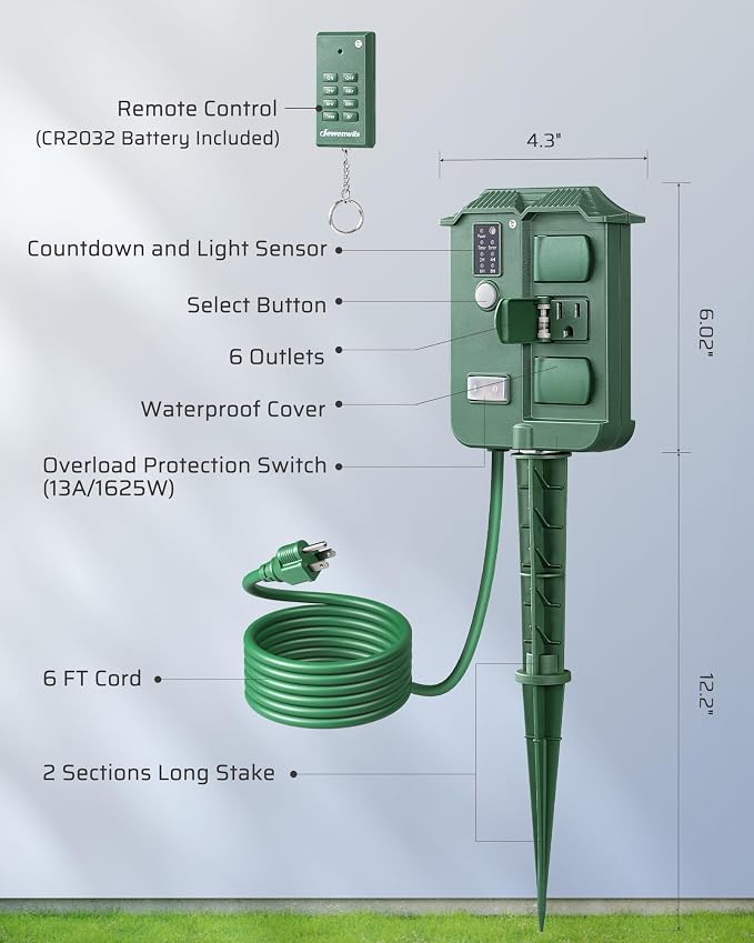DEWENWILS Outdoor Power Stake Timer Waterproof, 6 Grounded Outlets, 6FT - Image 7