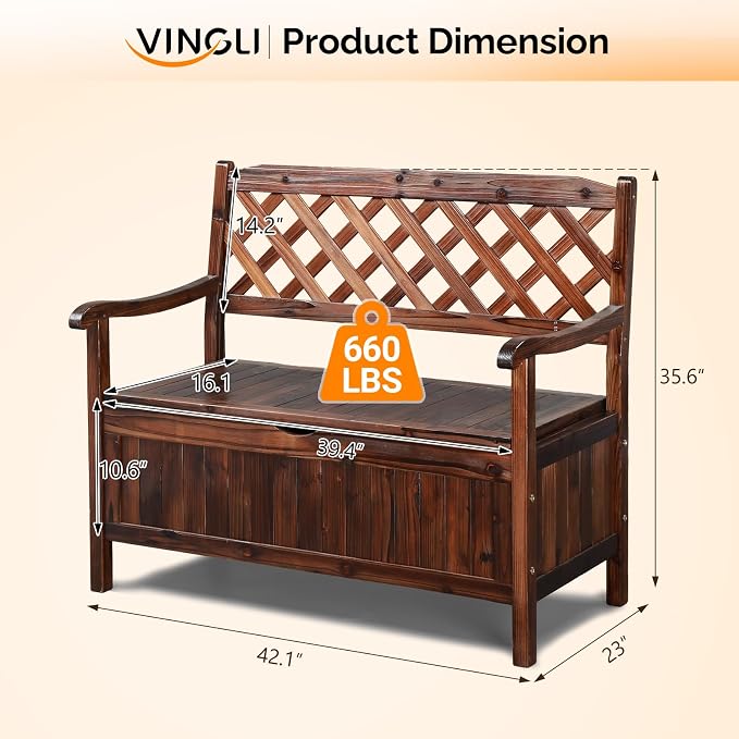 VINGLI Outdoor Storage Bench, Large Wood Deck Box - Image 3
