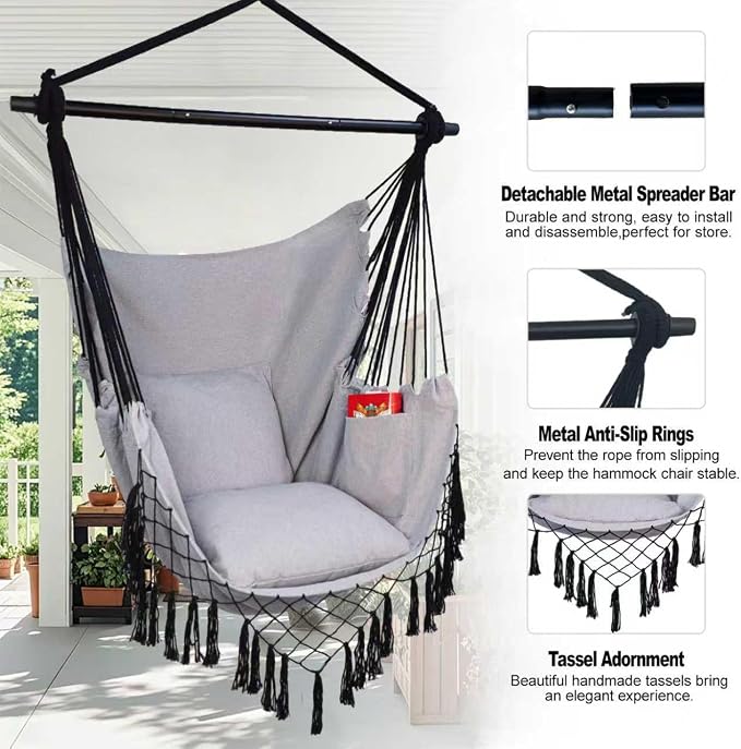 Hammock Chair Hanging Rope Swing Chair, Max 450 Lbs, Large Hanging Chair - Image 6