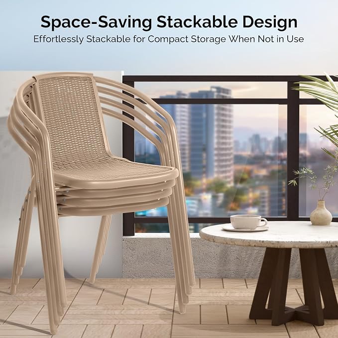 VINGLI PE Rattan Outdoor Dining Chairs Set of 4, Plastic Stackable Patio Chairs - Image 4