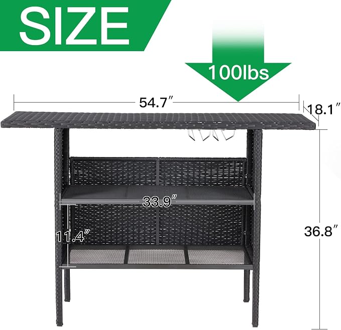 ECOTOUGE Black Wicker Bar Table, Outdoor Patio Console Table Serving Table - Image 3
