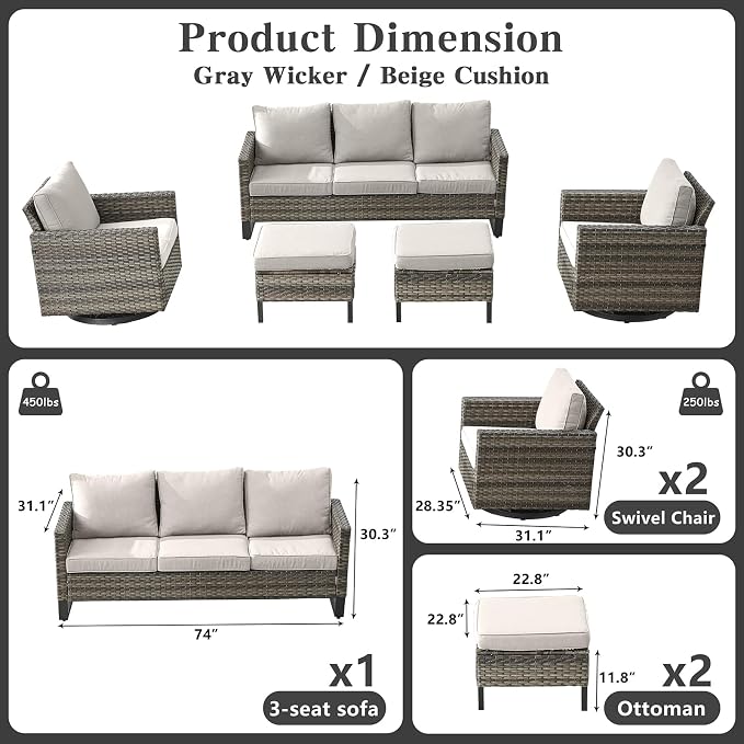 Belord Wicker Patio Furniture 5 Piece Outdoor Sofa Set, Oversize Outdoor Swivel - Image 3