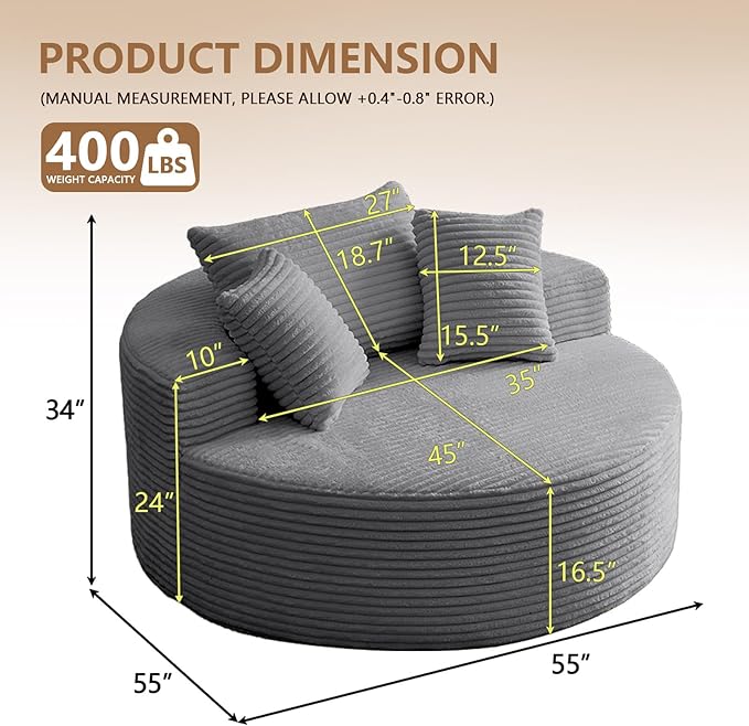 Oversized Round Chair Lounge Chaise Indoor, Upholstered Corduroy Deep Seat - Image 2