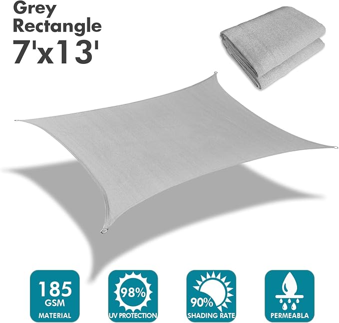 KANAGAWA Sun Shade Sail 7'x13' Gray Rectangle UV Block Canopy Awning Shelter - Image 2