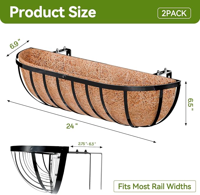 Halatool 2 Pack Heavy-Duty Metal Deck Railing Planter Box, 24 Inch - Image 2