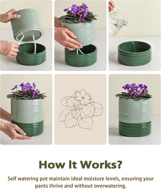 Self Watering Pots for Indoor Plants, 6 Inch Ceramic Self Watering Plant Pot - Image 6