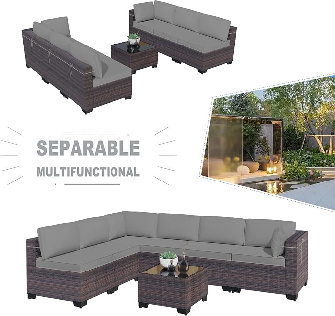 Kullavik 7 Pieces Outdoor Patio Furniture Set, Sectional Rattan Sofa Set Brown - Image 6