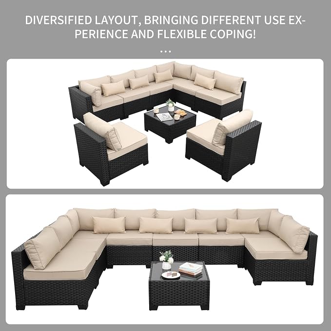 9 Pieces Outdoor Sectional All-Weather Wicker Patio Furniture Set Patio - Image 8