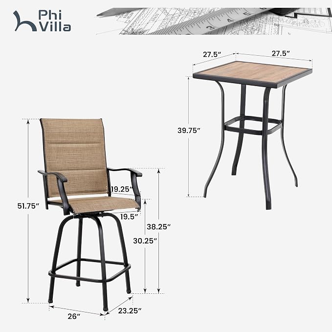PHI VILLA Outdoor Bar Set with 4 Swivel Bar Height Patio Chairs, Wooden-Like - Image 9