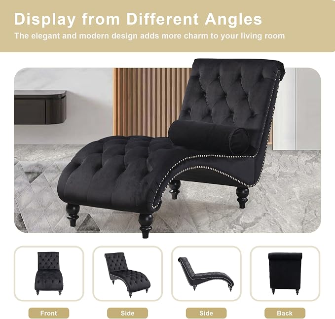 Chaise Lounge Indoor, Velvet Upholstered Lounge Chair Button-Tufted Armless - Image 6
