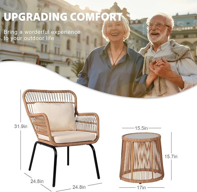 3 Piece Outdoor Wicker Furniture Bistro Set, Rattan Chairs Conversation Sets - Image 6