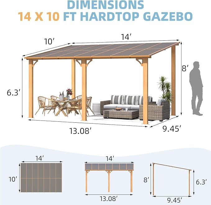 AECOJOY 14' x 10' Gazebo for Patio, Wood Grain Hard Top Lean to Gazebo Pergola - Image 7