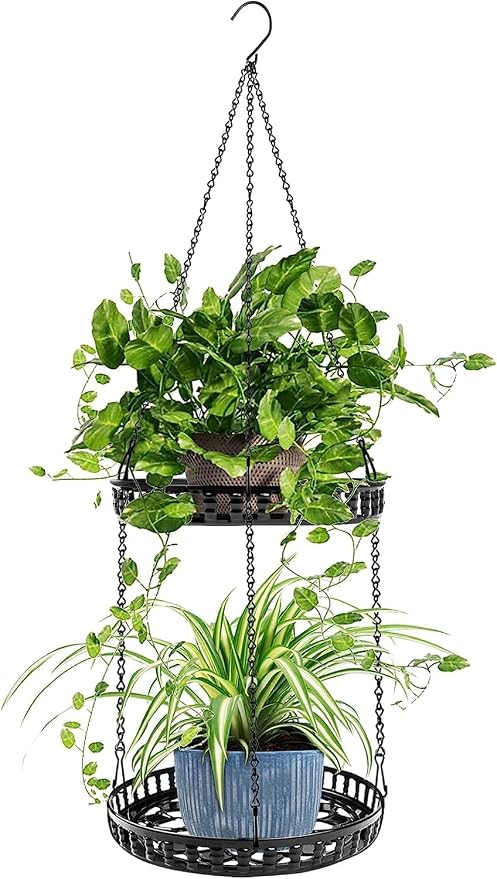 Plant Hanger Indoor Outdoor, 2 Tier Hanging Planter Plant Shelf, Metal Hanging by PIKAMAO