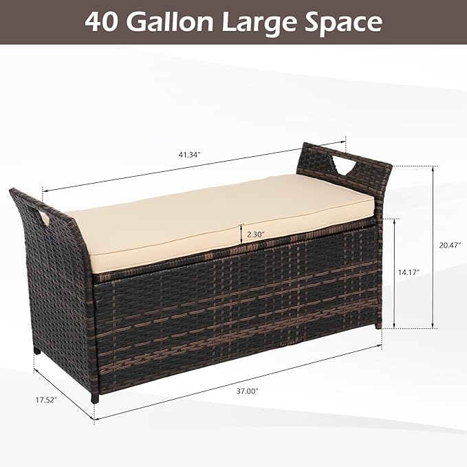VINGLI 40 Gallon Outdoor Rattan Deck Box w/Cushion, Patio Wicker Storage Box - Image 3
