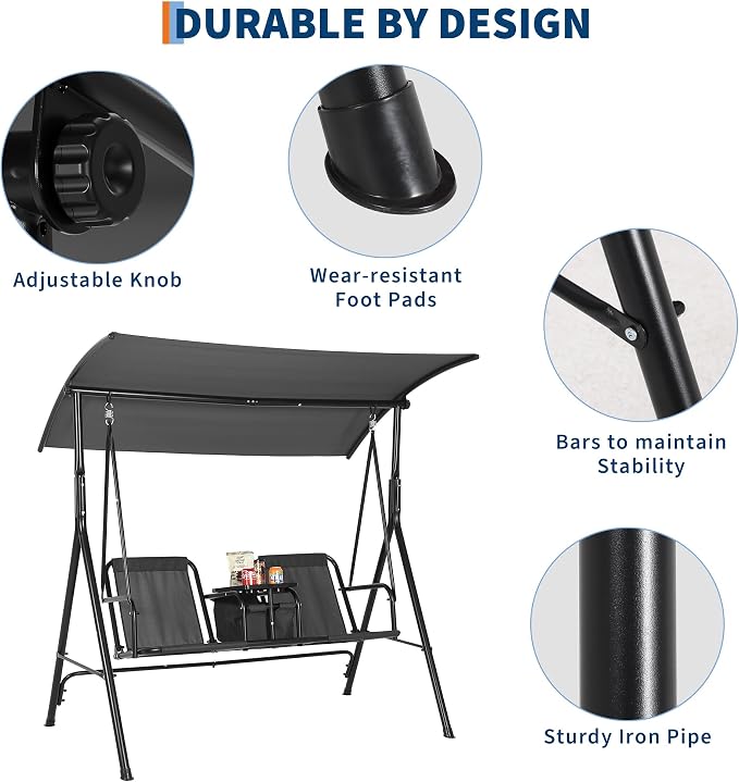 Porch Swing with Cup Holders & Pivot Storage Table & Cooler Bag with Adjustable - Image 5