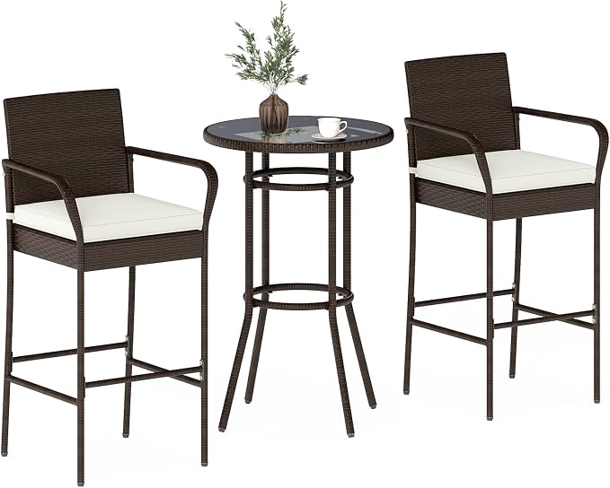 Tangkula 3 Piece Outdoor Bar Set, Patio Rattan Heavy Duty Bar Height Glass Top by TANGKULA