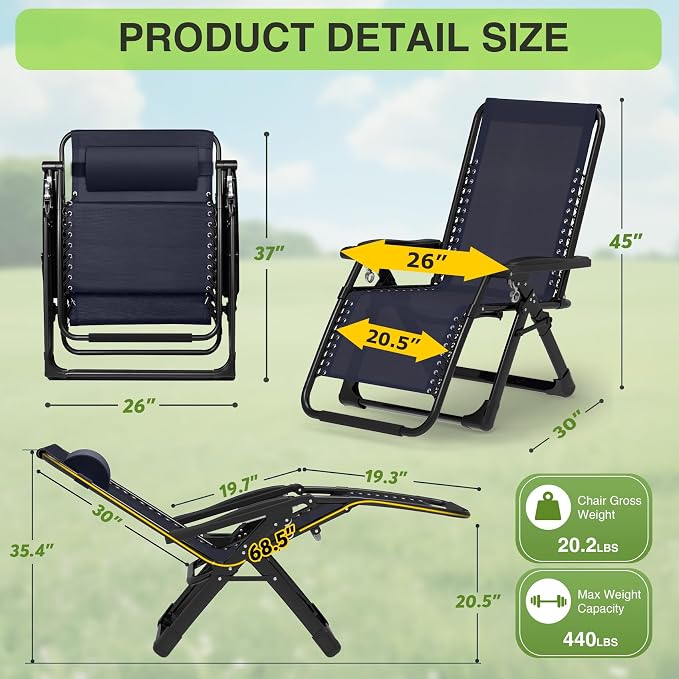 Suteck Zero Gravity Chair Set of 2, Reclining Camping Lounge Chair w/Removable - Image 2