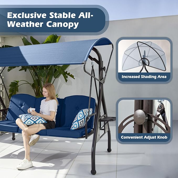 800LBS Patio Swing with Canopy 3 Seat Outdoor Porch Swing with Stand w/Cup - Image 5