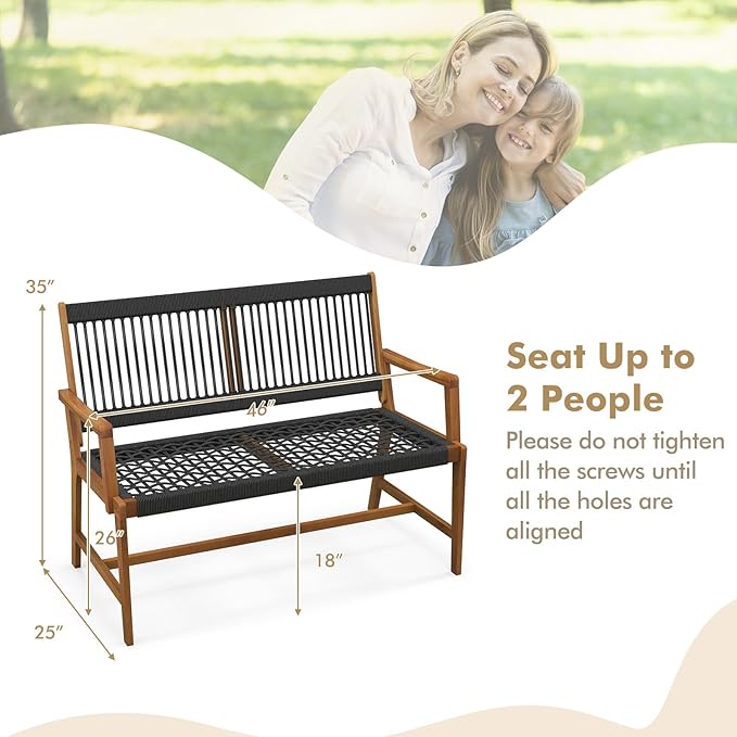 Tangkula Outdoor Acacia Wood Bench, All-Weather Rope Woven Garden Bench - Image 3