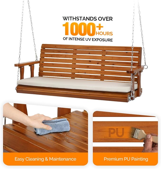 VINGLI Wooden Porch Swing, Heavy Duty 880 LBS Hanging Patio Bench - Image 2