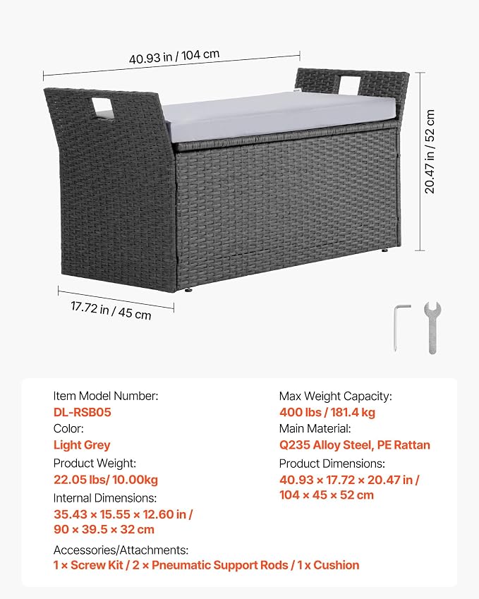 VEVOR Outdoor Storage Bench, 2-Person PE Rattan Storage Bench, 40 Gal Deck Box - Image 3