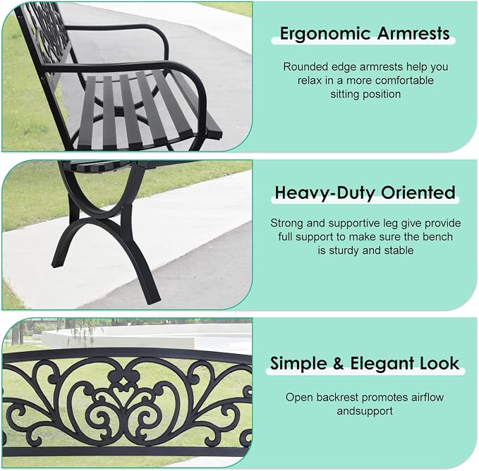 FDW Outdoor 50 Inches Garden Bench, Slatted Seat Armrests Floral Design Backres - Image 5
