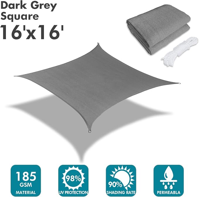 KANAGAWA Sun Shade Sail 16'x16' Dark Gray Rectangle UV Block Canopy Cover - Image 6