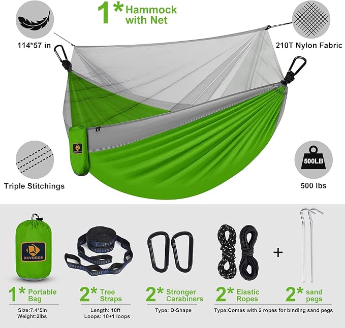 Camping Hammock with Net, Travel Portable Lightweight Hammocks with Tree Straps - Image 6