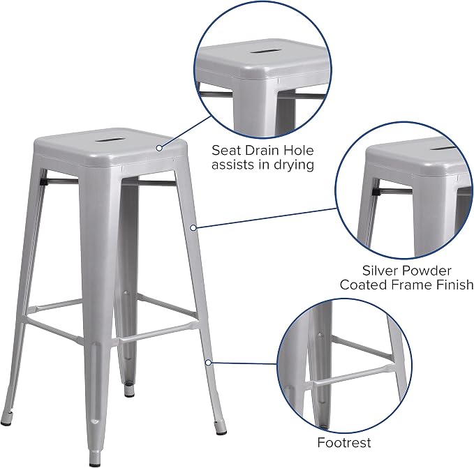 Flash Furniture Lily 4 Pack Commercial Grade 30" High Backless Silver Metal - Image 5