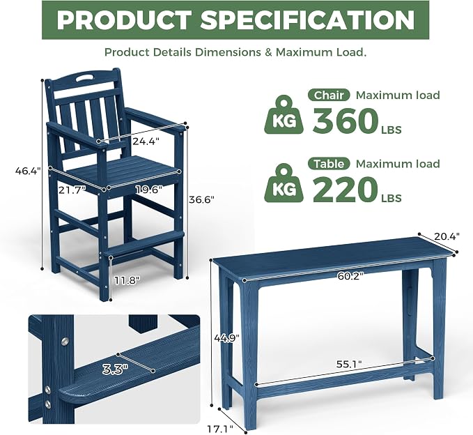 Outdoor Patio Bar Height Table and Tall Adirondack Chairs Set of 2, All-Weather - Image 3