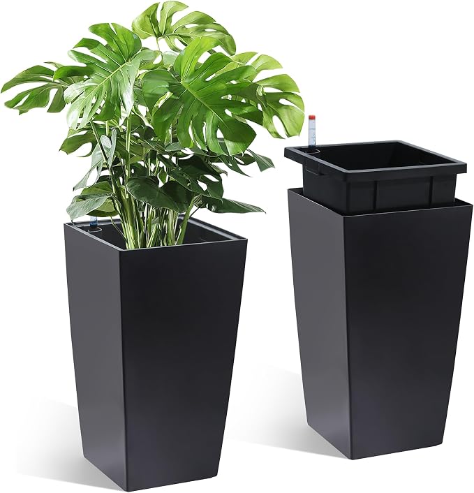 GarveeLife 16 in Tall Planters Set of 2, Outdoor＆Indoor Black Planter Pots by GarveeLife