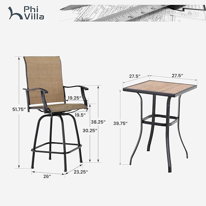 PHI VILLA Outdoor Swivel Patio Bar Set of 9, Patio Bar Table and Chairs Set - Image 7