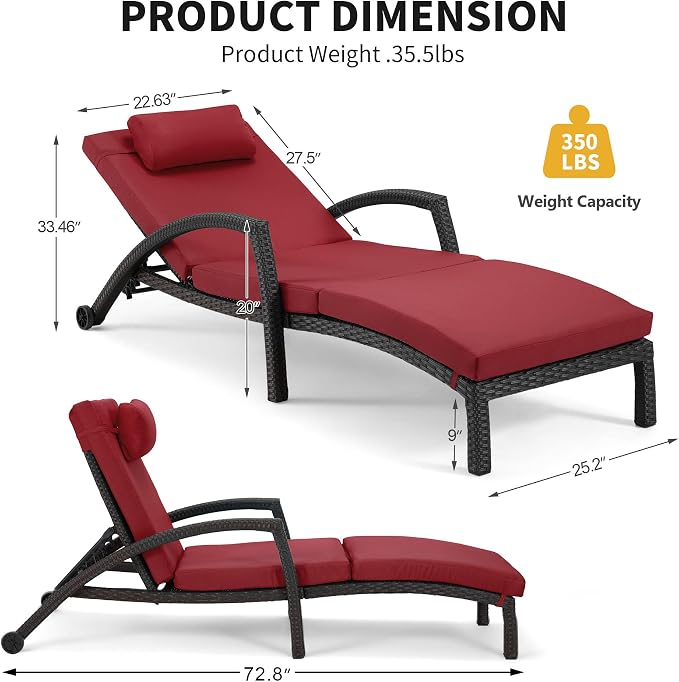HOMREST Chaise Lounge Chairs Set of 2, PE Rattan Wicker Patio Lounge Chair - Image 3
