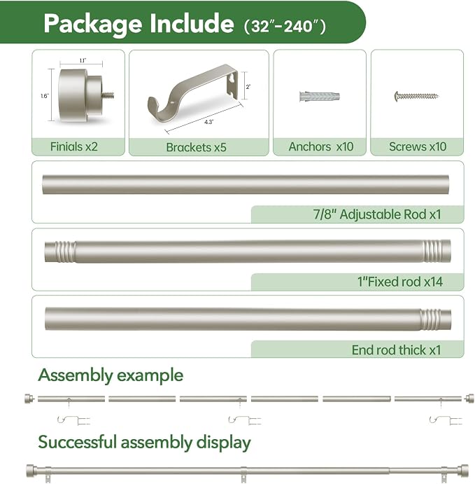 Curtain Rods for Windows 32 to 240, 1 Inch Adjustable Heavy Duty Long Window - Image 6