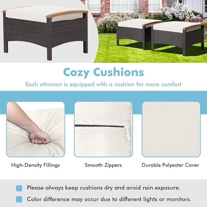 Tangkula 2 Piece Patio Rattan Ottomans, Outdoor Wicker Footstool w/Acacia Wood - Image 6