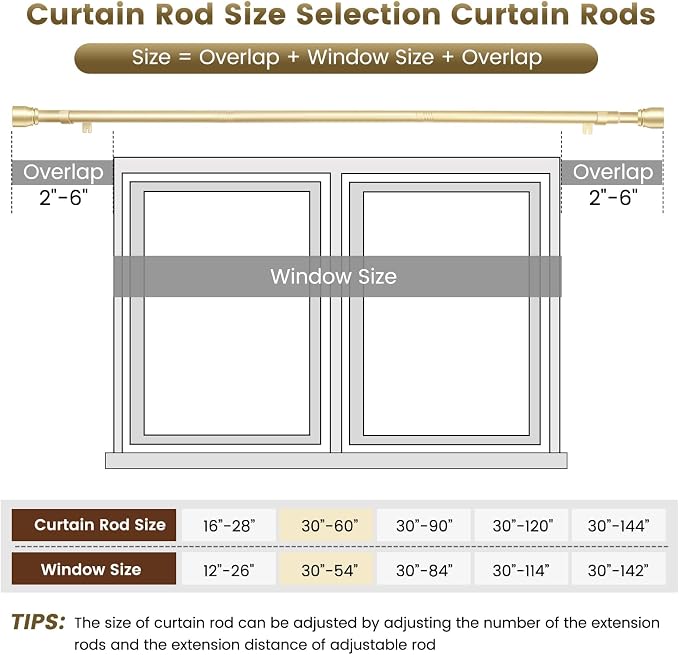1” Diameter Gold Curtain Rod Itself is 30-60 inch 2 Pack, Fit 30 to 56 Windows - Image 3