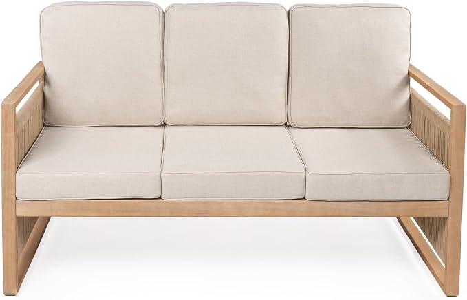 JONATHAN Y SFB1002A Gable 3-Seat Mid-Century Modern Roped Acacia Wood Outdoor - Image 9