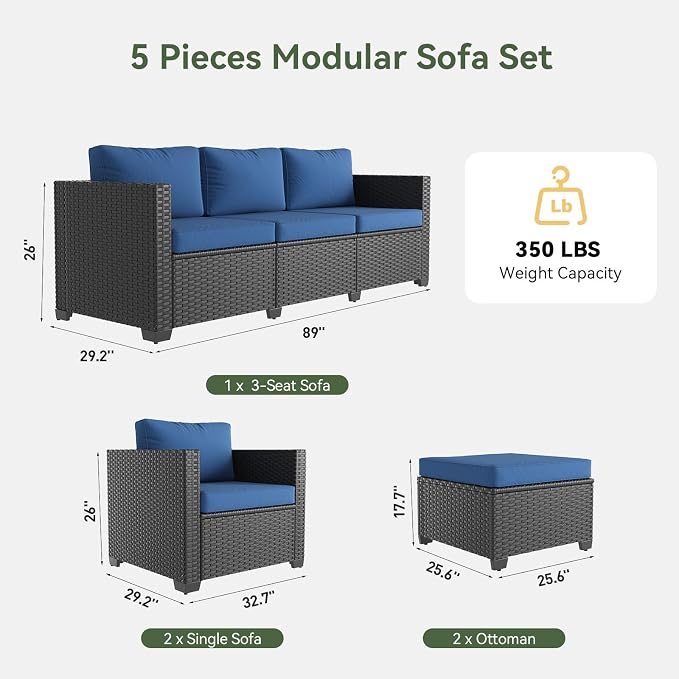 Aoxun Patio Furniture Set, 5 Piece Outdoor Sectional Sofa - Image 7