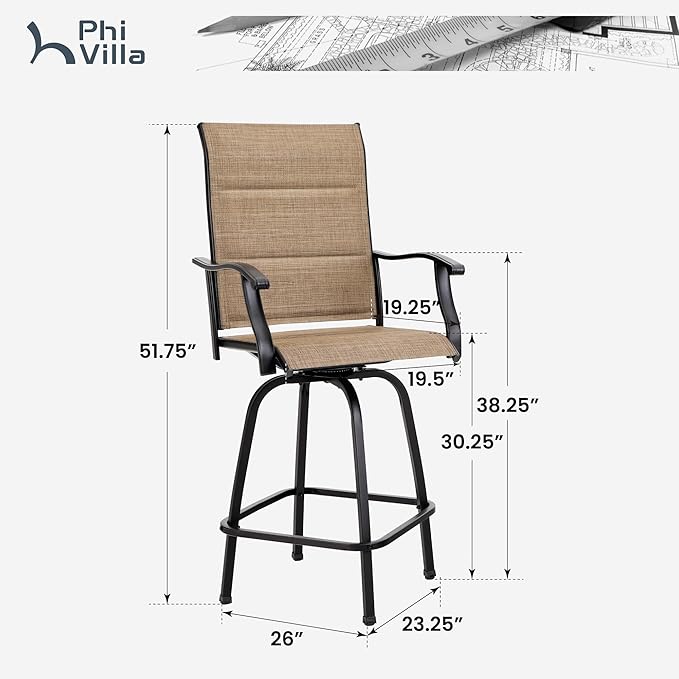 PHI VILLA Outdoor Swivel Bar Stools Set of 2, High Top Patio Chairs - Image 3