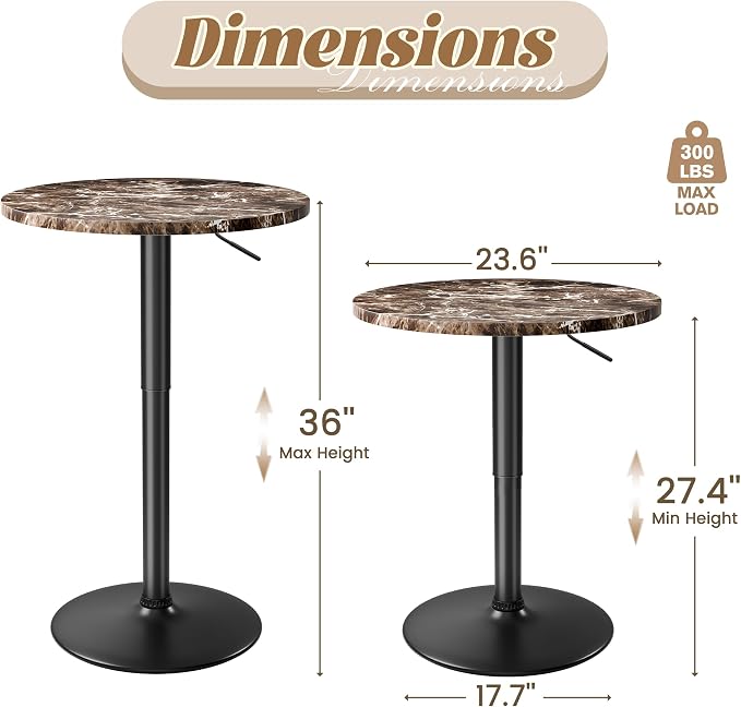 Shahoo Bar Table, Adjustable Height Pub Table 27.4-36 Inches, Cocktail Table - Image 3