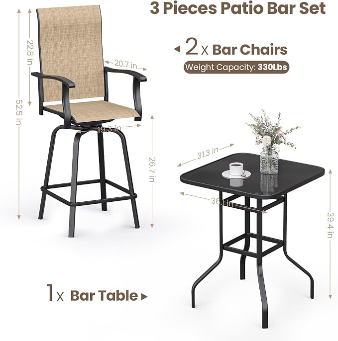 3-Piece Patio Bar Set with Textilene Swivel Bar Stools, All-Weather Bar Height - Image 5