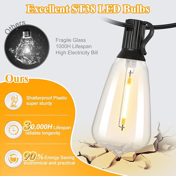 Brightever 120FT Outdoor String Lights Waterproof, 2700K Bright LED Patio Lights - Image 2
