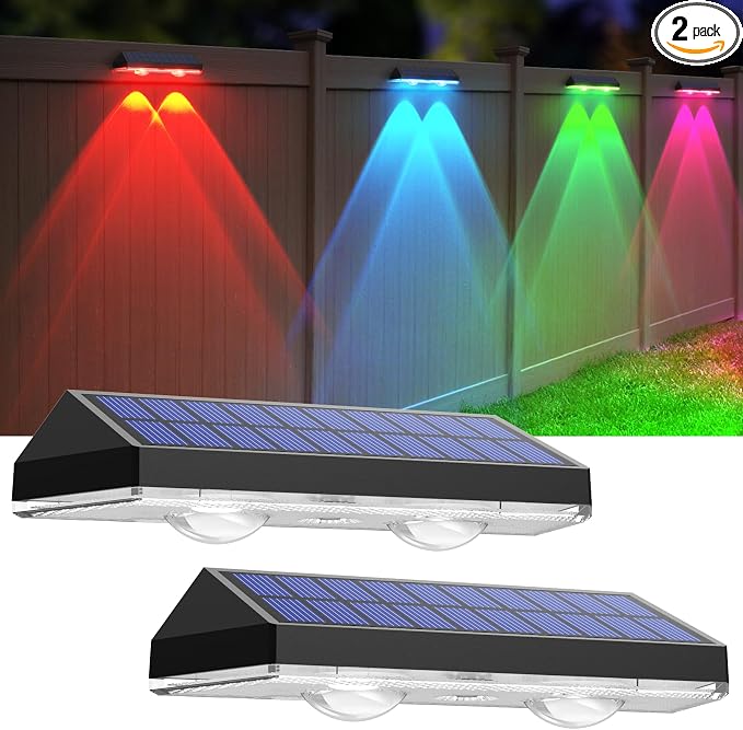 Solar Fence Lights Outdoor, 2PK RGB Solar Lights by LIANGLOME