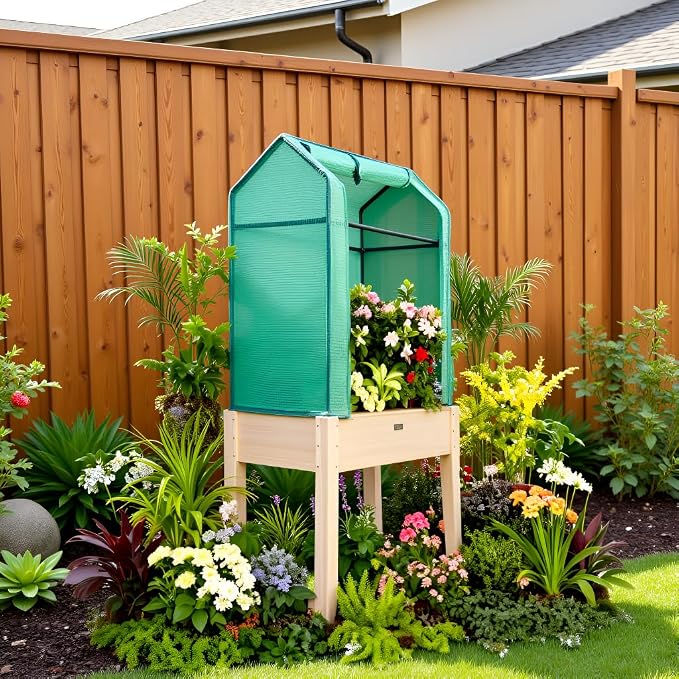 Raised Garden Bed with Greenhouse Cover, Elevated Wood Planter Box with Legs & - Image 8